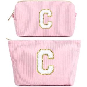 2 PCS Trousse Maquillage Femme, Pochette Maquillage avec Initiale, Sac de Maquillage de Voyage Velours C&ocirc;tel&eacute; Trousse de Toilette Cosm&eacute;tique Cadeau d'anniversaire No&euml;l Id&eacute;al pour Maman Fille, Rose C (hamatata, neuf)