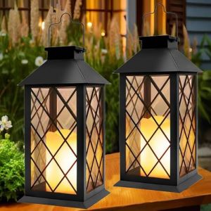 Yowin Lanterne Solaire Exterieur 2 Pièces Grande Lampe Solaire Jardin avec Bougie, Verre Trempé, Lampe de Table Étanche Suspension Lampe, Solaire Exterieur a Poser pour Balcon Jardin Terrasse - Noir (Yowin, neuf)