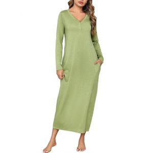 Leversic Chemise de Nuit Longue Femme Chemise de Nuit Femme Coton Manches Longues Robe de Nuit Femme Peignoir de Bain Vert 3XL (CHONGREN-EU, neuf)
