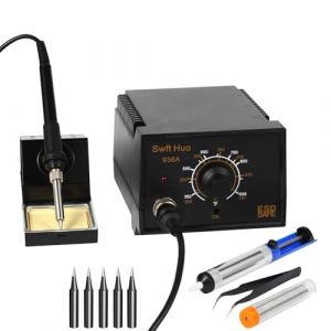 Station de Soudure avec Fer à Souder, 60W 200~480°C Kit de Soudage avec 5 Pannes, a Souder Fil a Souder, Pompe à Dessouder, Pincette (936A EU) (Hangjie Tech, neuf)