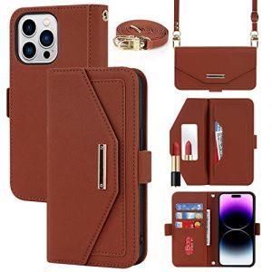 Cavor Coque Compatible avec iPhone 14 Pro Max Etui avec Cordon,Flip Portefeuille &Eacute;tui Cuir,[5 Porte Cartes][Miroir][Magn&eacute;tique][R&eacute;glable Collier] Housse - Marron (Copmob, neuf)