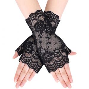 AIYVELU 1 paires de gants en dentelle noire, gants noir, mitaines en dentelle à demi-doigt, gants d'Halloween, gants de protection solaire respirants sexy, adaptés pour les fêtes de mariage en plein (LJt3379, neuf)