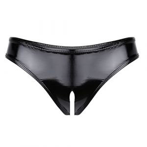Aislor Culotte Femme Wetlook String Tanga Faux Cuir Ouvert Entrejambe Culotte Thong Bikini Lingerie Coquine sous-Vêtement Nuit Underwear Noir L (Aislor EU, neuf)