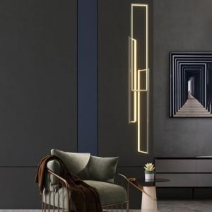 Lustre moderne &agrave; LED &agrave; intensit&eacute; variable avec t&eacute;l&eacute;commande, hauteur r&eacute;glable, 100 W, long lustre d'escalier, luminaire de plafond haut pour hall d'h&ocirc;tel, lustre rectangulaire &agrave; 3 anneaux, noir (YANGYNG-跟卖必究绝不和解, neuf)