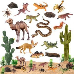 SIENON Lot de 32 figurines d'animaux du d&eacute;sert - Mod&egrave;le arbres, cactus, diorama - Projet avec chameau, fennec, renard, serpent, scorpion, l&eacute;zard, reptile, jouet pour enfants, anniversaire, g&acirc;teau, (SIENON UK, neuf)