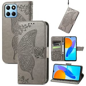 JIUNINE Coque pour Honor X6 / Honor X8 5G / Honor 70 Lite, Antichoc Housse &eacute;tui en Cuir PU Flip Case Portefeuille &agrave; Rabat avec Motif Papillon [Porte Carte] [Magn&eacute;tique] pour Honor X6, Gris (JIUSEN EU Store, neuf)