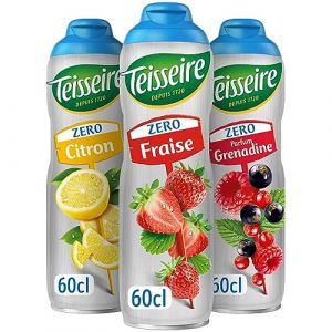 Lot de 3 sirops Teisseire Zéro Sucres (Fraise, Citron, Grenadine) pour Boisson Rafraîchissante, Cocktails, Bidon Recyclable 3x60cl (THE SIROP SHOP, neuf)