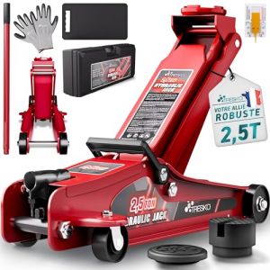 TRESKO Cric hydraulique 2,5 t - Hauteur de Levage 85-385 mm - avec Mallette - Cric hydraulique Plat pour Voitures surbaissées - Roues à 360° avec 2 Patins en Caoutchouc, Tapis de Genoux, Gants (DWD-Company, neuf)