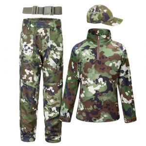 QIYUANT Enfant Ensembles T-Shirt & Pantalon Tactique Camo Airsoft Militaire Camouflage Printemps Été Automne Manche Longue Combat (Jungle Camouflage/T-Shirt + Pantalon + Casquette + Ceinture, 150) (Qiyuant, neuf)