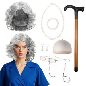 UILYNIU Costume de Grand mere Set Perruque Grise Femme Perruque Grand mere Lunettes avec Chaîne Bonnet de Perruque Collier de Perles Boucles Oreilles Bracelet Canne Gonflable Déguisement Femme (Gris) (XIMO EU, neuf)