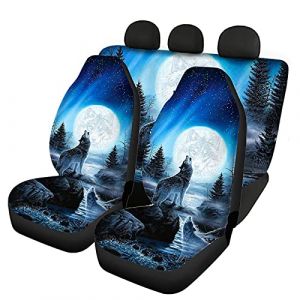 Howilath Ensemble complet de housses de si&egrave;ge de voiture fantaisie en polyester pour l'avant et l'arri&egrave;re, motif loup hurlant de lune vive, compatible avec la plupart des voitures, berlines, SUV (yulinshijijushangmaoyouxiangongsi, neuf)