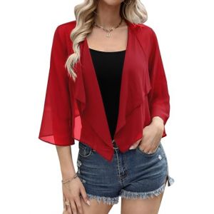 Aottori Cardigan Bol&eacute;ro Court Femme en Mousseline de Soie Gilet &agrave; Manches &Eacute;vas&eacute;es 3/4 Bol&eacute;ro Veste El&eacute;gant Chic pour Robe Bretelle Mariage Rouge M (yyh-eu, neuf)