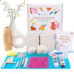 JelyArt Kit Poterie Adulte Kit Argile Autodurcissante Kit Ceramique Kit de Poterie pour Débutants avec Peintures Acryliques, Tampons et Outils Argile Poterie sans Cuisson pour Débutants (JelyArt-EU, neuf)