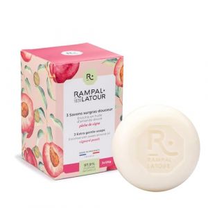 Rampal Latour - 3 Savonnettes rondes surgrasses - Mains et Corps - Parfum Pêche de vigne - Soin Nettoyant, Adoucissant et Régénérant - 97,9% d'origine naturelle - 3x125g (RAMPAL LATOUR, neuf)