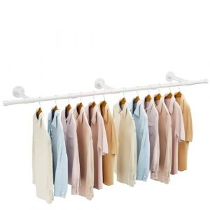IBUYKE Tringle à Vêtement Mural 156cm, Métal Portant à Vêtements Murale Industriel, Amovible Barre de Penderie Murale pour Suspendre des Vêtements pour Salon, Chambre, Triple Bases, Blanc TYJ007W (IBUYKE-EU, neuf)