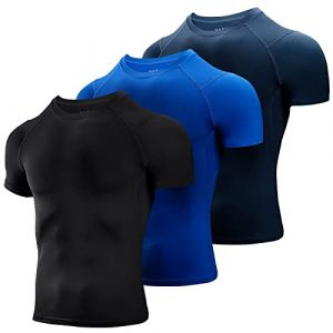 Niksa 3 Pack Tee Shirt Compression Homme Manches Courtes Tshirt Running Homme Vetement de Fitness Gym Compression Maillot T-Shirt Baselayer pour Sports Jogging Musculation, Noir+bleu+marine, Taille XL (ZHP tech, neuf)