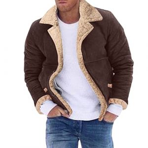 Veste d'hiver en daim pour homme - Avec fourrure - Col montant de qualit&eacute; sup&eacute;rieure - Veste bomber - Manteau d'hiver en peau d'agneau - Veste en jean - Veste militaire - Chaud, caf&eacute;, 5XL (PGKAJN, neuf)