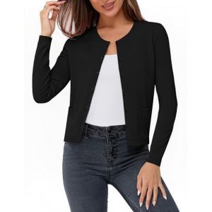 Aottori Gilet Femme Bol&eacute;ro Chic et &Eacute;l&eacute;gant Col Rond Tricot Cardigan Court Manches Longues avec Boutons Veste Top pour Robe Bretelle Soir&eacute;e F&ecirc;te D&eacute;contract&eacute; Noir XXL (LEHONG-EU, neuf)