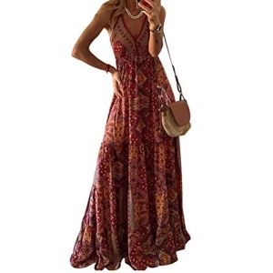 seiveini Robe D'été Femme Longue Maxi Robe de Plage sans Manches Chic Elegant Robe à Fines Bretelles Imprimé Fleurs Col en V Robe Fluide Décontractée Vintage A Rouge M (BgandDesign, neuf)