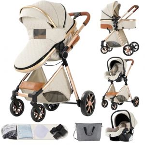 MoLi Poussette 3 en 1, Pousette Bebe avec Mode Double Poussée Réversible, Pousette 3 en 1 avec Nacelle Grande, Poussette Trio Cadre Alliage d'aluminium Pliable Haut Paysage (225 Creamy White-1) (Reborn003, neuf)