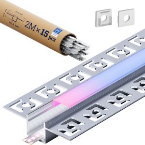 KOSOOM 15 x Profilé LED Encastrable 2m – Profil Aluminium pour Ruban LED jusqu'à 20,2 mm – Diffuseur Opalin – Rail LED pour Plafond, Placo, Mur – Kit Complet Installation (KEXUN DIRECT, neuf)