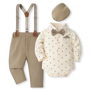 Volunboy Bebe Gar&ccedil;on Costume Gentleman, Noeud Papillon Chemise Carreaux + Pantalon 4 Pi&egrave;ces(9-12 mois,Taille 73,Points Kaki) (Volunboy, neuf)