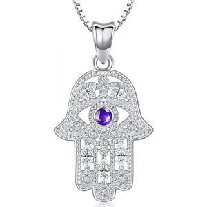 Collier Main de Fatma Argent Sterling 925, Pendentif Main de Fatma avec Zircon Violet, Hamsa Collier Main de Fatma avec Oeil, Bijoux Main de Fatma pour Femme (Aniu, neuf)