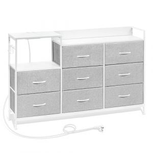 WOLTU Commode à 8 Tiroirs, Commode avec Station de Charge, Tiroirs en Tissu et Crochets, pour Salon, Chambre à Coucher, en Métal et Bois d'Ingénierie E1, Gris Tourterelle + Blanc Nuage, SSK007hgws (WOLTU GmbH, neuf)