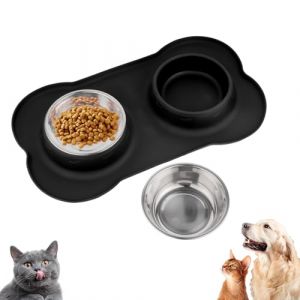Tapis Gamelle Chat INOX, 2 PcsGamelle pour Chien et Chat Antidérapante en Acier Inoxydable, Double Bols Eau avec Tapis Gamelle Chien Anti Eclaboussure en Silicone (36 x 21 cm) (Kexiangkeji, neuf)