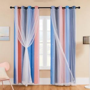 XiDi Rideaux Chambre Enfant, Rideaux Occultants avec Tulle D&eacute;coratif, Motifs &Eacute;toil&eacute;s, 132x183 CM(Largeur x Hauteur), Rose/Gris/Bleu, 2 Pi&egrave;ces (XiDi, neuf)