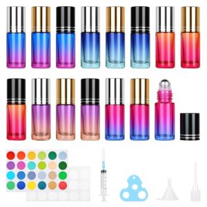 MirraSwit 15 Pi&egrave;ces 5ml Gradient Flacon Roll on Vide, Roll On Huile Essentielle Vide, Flacon Roll on en Verre, avec Bille en Acier Inoxydable, Stickers pour Parfums, Aromath&eacute;rapie, Massage, Voyage (HONGQISHUN, neuf)
