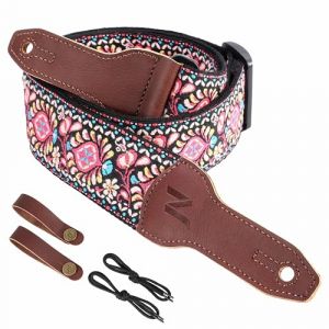Nefelibata Sangle de guitare pour banjo, 5,1 cm de large, en cuir de vachette pleine fleur, r&eacute;glable, sangle de guitare multi-motifs avec corde de t&ecirc;te et bandeau en cuir (fleur rose brod&eacute;e) (QianYu EU, neuf)