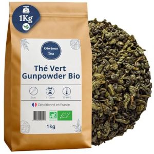 Th&eacute; Vert Gunpowder Bio - Th&eacute; Vegan en Vrac Riche en Caf&eacute;ine, 100% Naturel, Sans OGM - Agriculture Biologique - Conditionn&eacute; en France - Sachet 1 kg (500 Tasses) (Obvious Tea, neuf)