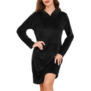 Wikoan Chemise de Nuit Femme Hiver Longue Chemise de Nuit &agrave; Manches Longues Douce Peignoir en Polaire pour Femmes avec Capuche Noir S (Wikoan Direct, neuf)