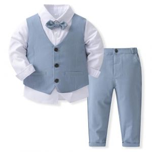 Volunboy Ensemble Costume B&eacute;b&eacute; Gar&ccedil;on Gentilhomme, Costumes Mariage Gilet Chemise Pantalon avec Noeud Papillon(Taille 120,4-5 Ans,Bleu Blanc (Volunboy, neuf)