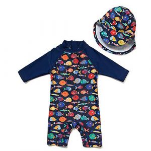 upandfast Maillot 1 pièce bébé Fille avec Fermeture éclair Maillot à Manches Longues et Chapeau Assorti avec Protection Solaire UPF 50+ (Poisson coloré, 12-18 Mois) (upandfast FR, neuf)