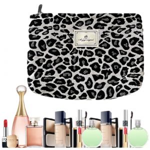 SGERUFZ Trousse de Maquillage Femme avec Motif Léopard, Trousse de Toilette en Toile, Grande Capacité, Sac à Main Femme, Portefeuille, Voyage, Trousse de Toilette, Accessoires (beige+noir) (BeanyBeng, neuf)