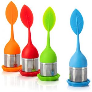 COM-FOUR&reg; 4x Infuser &agrave; th&eacute; en acier inoxydable et silicone - passoire &agrave; th&eacute; avec couvercle et soucoupe - boule &agrave; th&eacute; (04 pi&egrave;ces - feuille 2 vert orange bleu rouge) (COM-FOUR  Vertriebs GmbH, neuf)