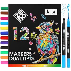 ZENO 12 Feutres Coloriage Adulte - Sans Trace, Crayon Feutre Adulte - Feutre Double Pointe avec Pointe Fine & Pinceau - Dessin, Croquis, Coloriage, Manga, Mandala, Aquarelle (KLIM Technologies France, neuf)