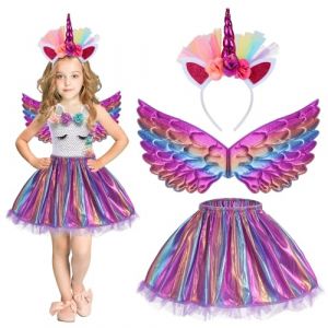 Hifot Deguisement Princesse Enfant Licorne Fille, Jupe Tutu Avec Ailes Bandeau Licorne,Robe Princesse Fille Licorne pour Carnaval Fête Anniversaire Cadeaux (Bpeow eu, neuf)