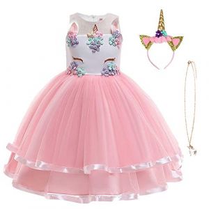 URAQT Robe Licorne Enfant de Princesse, Robes Fille, Robe de Princesse avec Licorne, Unicorn Party,Rose,2-3 ans (Étiquette 100) (Petit Wudong, neuf)