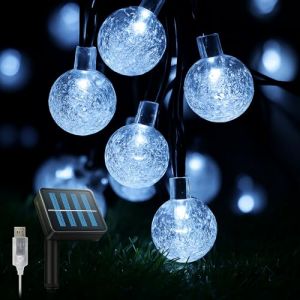 ANSGEC Guirlande Lumineuse Exterieure, 8M 50LEDs Guirlande Lumineuse Boule de Cristal &Eacute;tanche, USB Lumineuse Exterieure Solaire pour Jardin, Mariage, F&ecirc;te, D&eacute;coration (Blanc froid) (ZHIVI LIMITED, neuf)