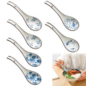 Xiuyer 6Pcs Cuill&egrave;res &agrave; Soupe Japonaises Et Cor&eacute;ennes Poign&eacute;e Incurv&eacute;e C&eacute;ramique Ramen Chinoise Cuill&egrave;re &agrave; Riz Cuill&egrave;re &agrave; Soupe Pour C&eacute;r&eacute;ales Ramen Pho Wonton Bouillie (Xiuyer, neuf)