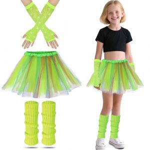 AffeGifts Déguisement Année 80 Fille, Deguisement Disco Enfant Filles Néon Jambes Chauffers Filets Gants et Robe Fantaisie Tutu Pour Les Années 1980 Fête à Thème Discothèque Fête Costume (Vert) (AffeGifts FR, neuf)