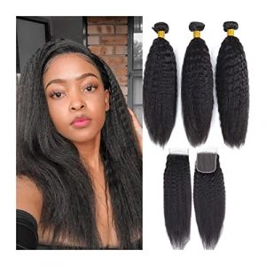 Human Hair Extension Poules à cheveux humains raides coquers avec coiffure brésilienne vierge brésilienne yaki paquets avec une fermeture en dentelle 4x4 partie libre noire naturel Extension Cheveux ( (hailiangwufeng, neuf)