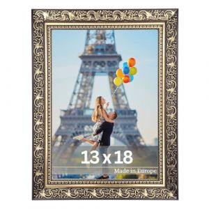 VictoR Vinci Cadre photo Vinci - 13 x 18 cm - Noir doré - Style vintage baroque - Baguette décorée 22 x 20 mm - Verre acrylique incassable - Dos en MDF - Pour format portrait et paysage - Fabriqué en (Victor_Store, neuf)