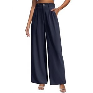 CMTOP Pantalon Fluide Femme Été Jambe Droite Pantalon Taille Haute Elastique Pantalon Large Chic et Elegant Pantalon Ample Décontracté Travail Palazzo Pantalon de Plissé avec Poches(Bleu Marine,S) (Lemens, neuf)