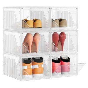 SONGMICS Bo&icirc;tes &agrave; Chaussures, Lot de 6, Rangement Chaussures en Plastique, Empilable et Reliable, avec Porte Magn&eacute;tique, Transparente, jusqu&rsquo;&agrave; la Pointure 46, Blanc Nuage LSP806WH01 (SONGMICS HOME FR, neuf)