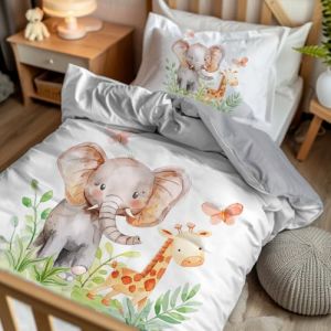 Pictogogo Parure lit b&eacute;b&eacute; Mixte 2 pi&egrave;ces &ndash; Housse Couette 80 x 120 + taie 40 x 60 &ndash; Motif Animaux de la Jungle/Revers Coton Gris &ndash; Microfibre & Coton Oeko-TEX &ndash; Fermeture &eacute;clair &ndash; lit &agrave; barreaux (PersonaliseDog, neuf)