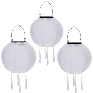Lot de 3 lampions solaires d'extérieur résistants aux intempéries - Lanterne solaire à LED - Étanche - Avec pompon - Lampes solaires à suspendre - En papier - 20 cm - Blanc (ZDD123, neuf)